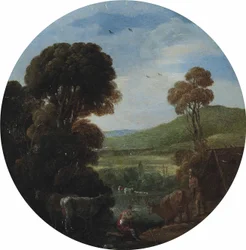 Paesaggio fluviale boscoso con mandriani e bestiame